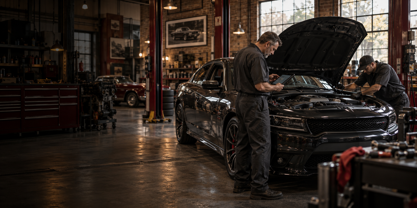 Technicians diagnosing a car in a classic automotive workshop