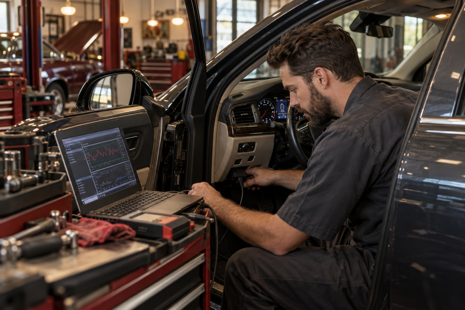 Technician using diagnostic equipment inside a vehicle